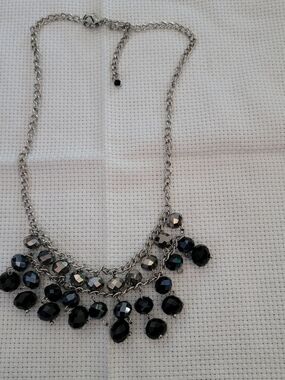 Statement Black Bead Drop Necklace - Silver Chain
